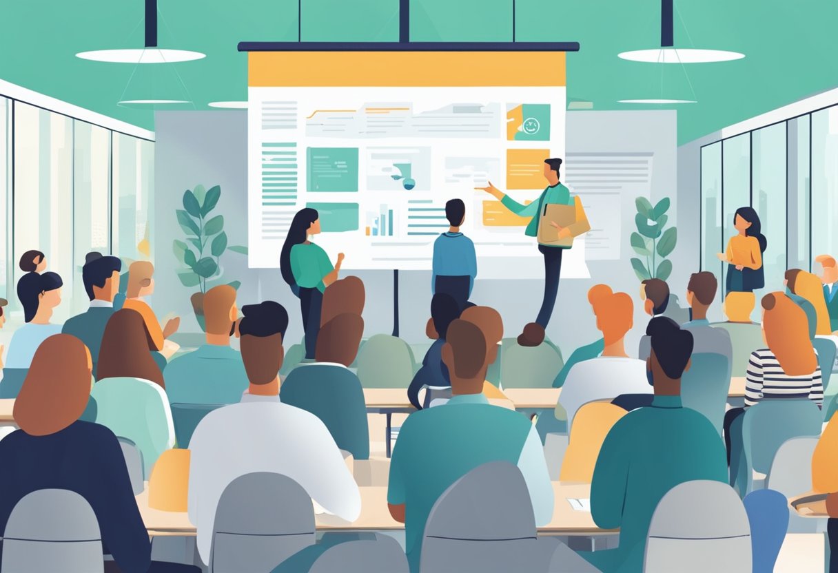 A group of people gathered at a conference, with a banner reading "National Association for the Self-Employed." They are engaged in conversation and networking