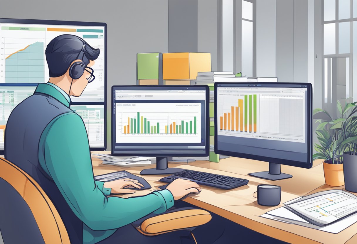 A person sitting at a desk, entering financial data into a ledger template on a computer