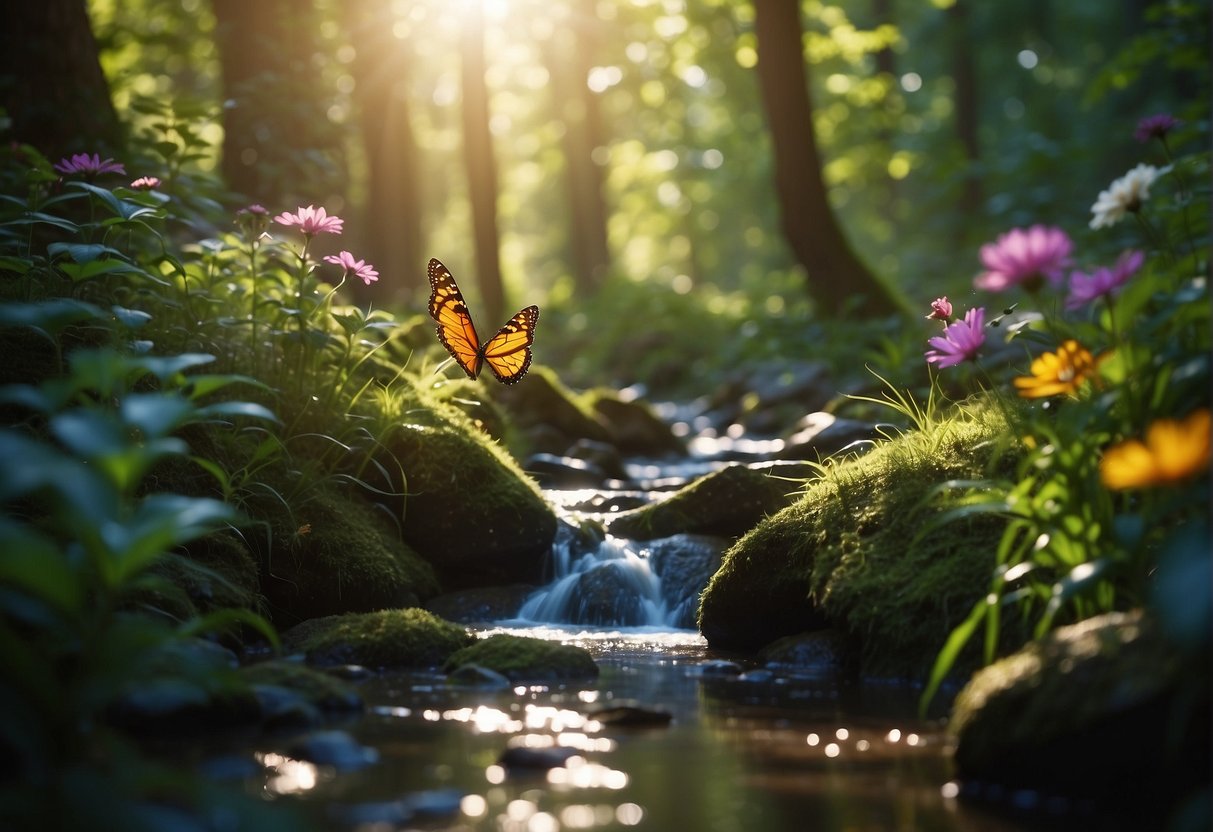 A vibrant forest with lush greenery and colorful flowers, birds chirping and butterflies fluttering around. A gentle stream flows through, with sunlight filtering through the canopy above
