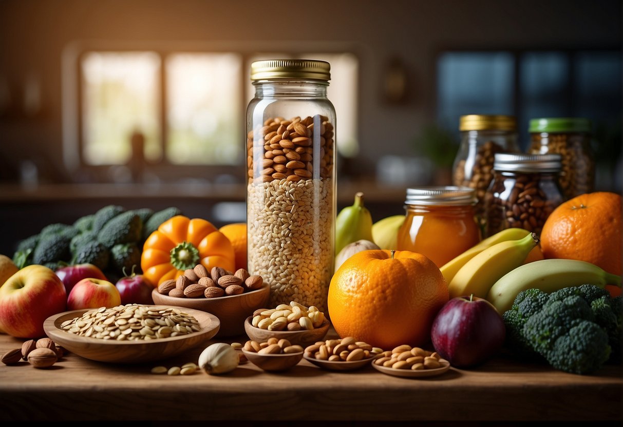 Various nutrient-rich foods surrounding a bottle of MetaBoost, including fruits, vegetables, nuts, and seeds. A vibrant, colorful scene depicting the importance of a balanced diet for metabolic health