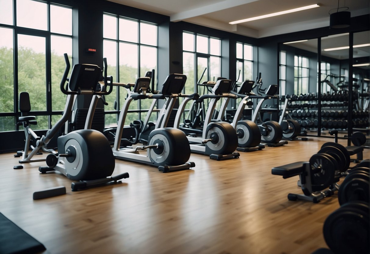 A gym with various workout equipment arranged for a high-intensity interval training session, with a focus on cardio and strength exercises