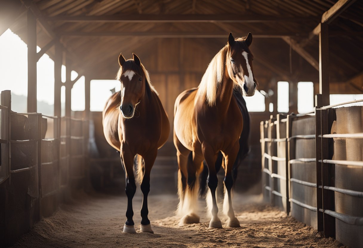 A horse stands in a well-lit, spacious stable with clean bedding and fresh water. The atmosphere is calm and inviting, with equipment neatly organized nearby