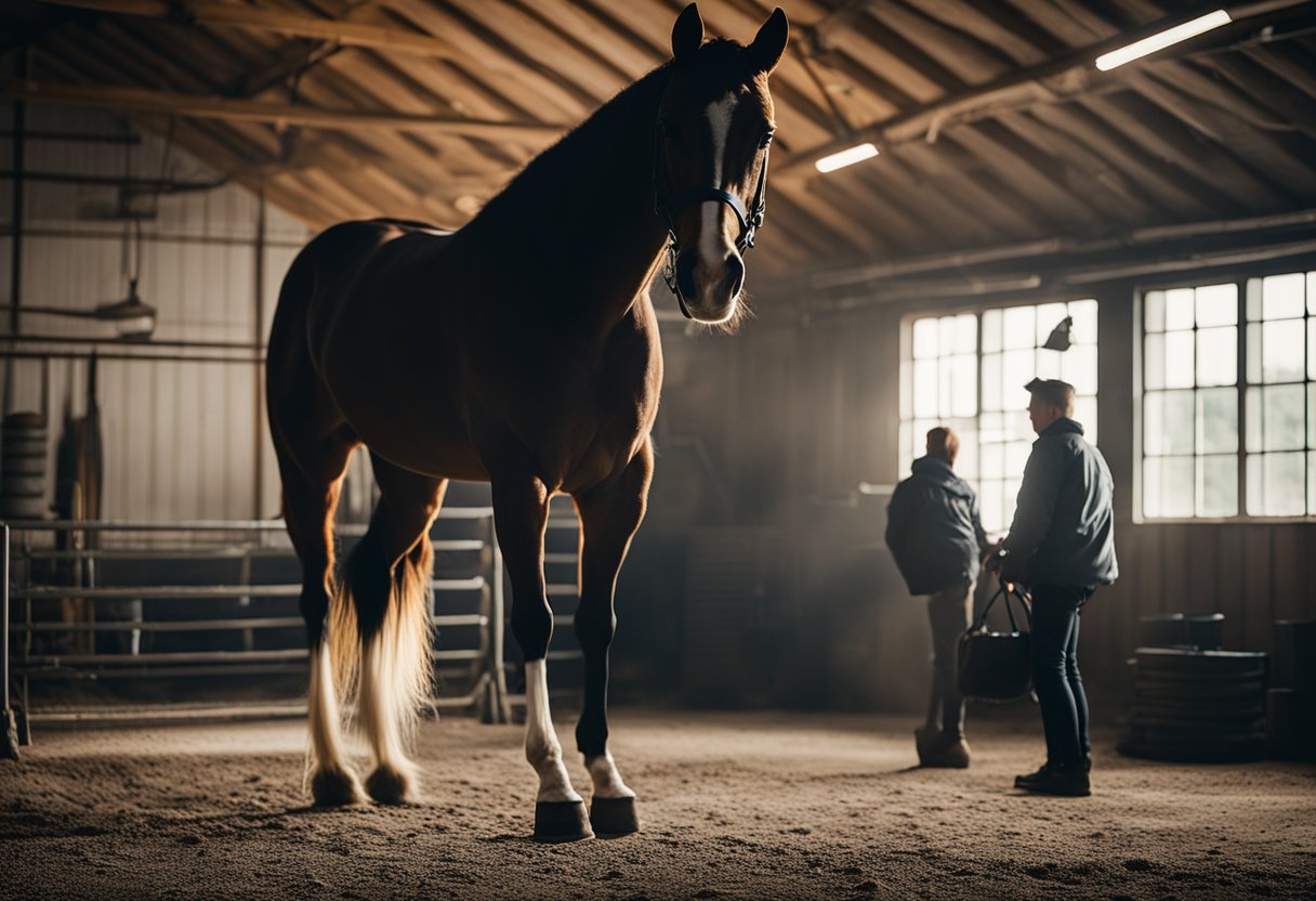 A horse stands in a well-lit, spacious stable, surrounded by clean and sturdy equipment. The title "Velg riktig sal: En guide til komfortabel og sikker ridning" is prominently displayed on the wall