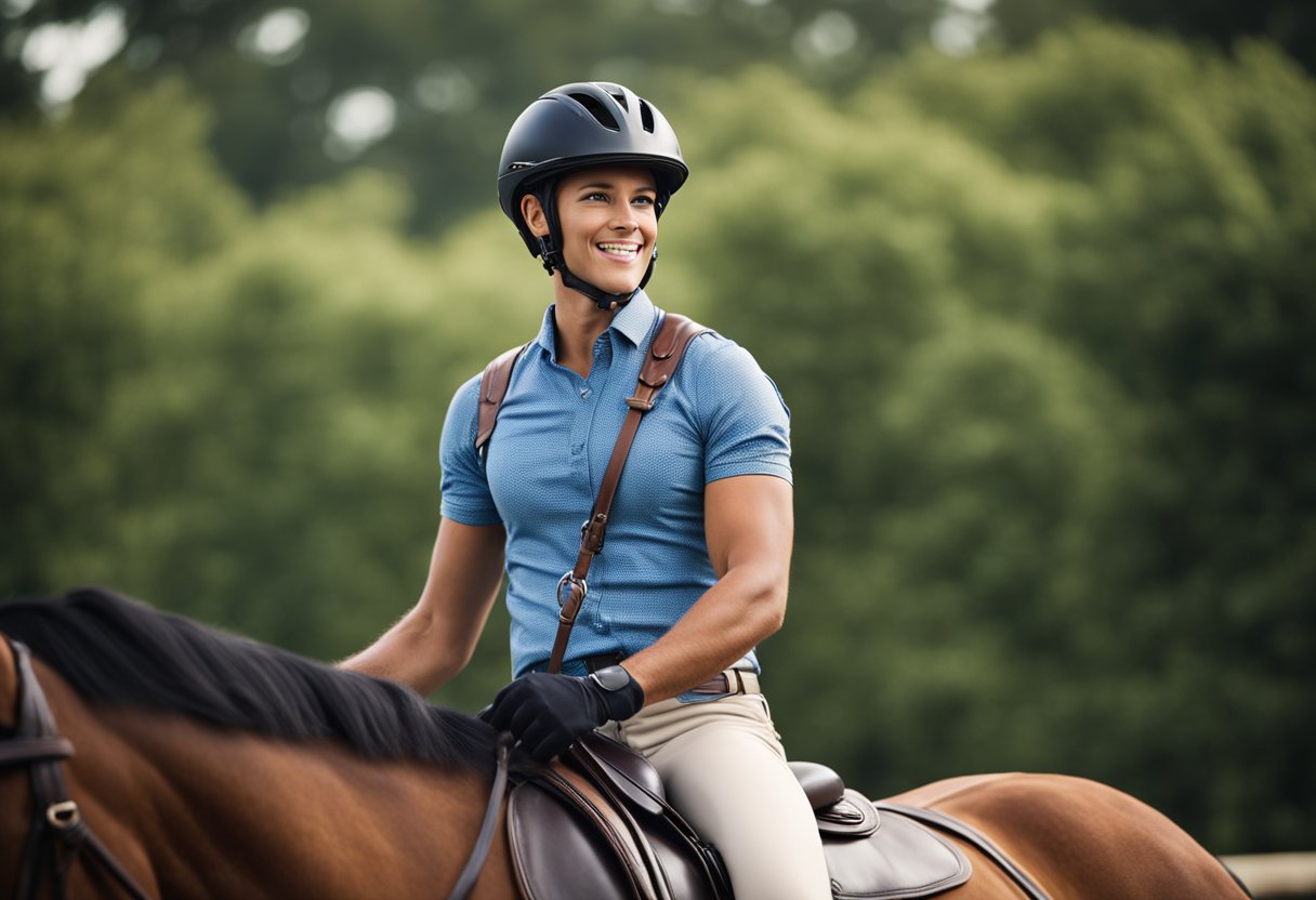 A rider sits comfortably in a well-fitted saddle, with proper stirrups and reins. The horse moves smoothly, showing a relaxed and secure riding experience