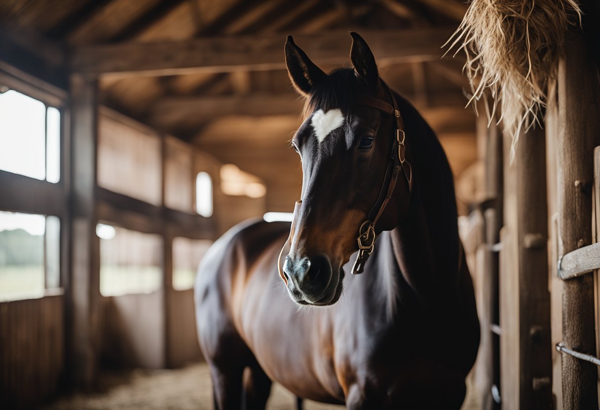 A horse stands in a well-lit, spacious stable. A saddle and bridle hang neatly on the wall. Hay and water are within reach