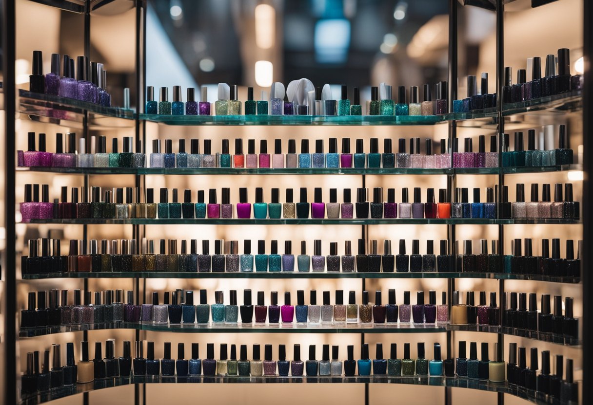 A shiny chrome nail polish bottle surrounded by various alternative nail polish options on a display shelf