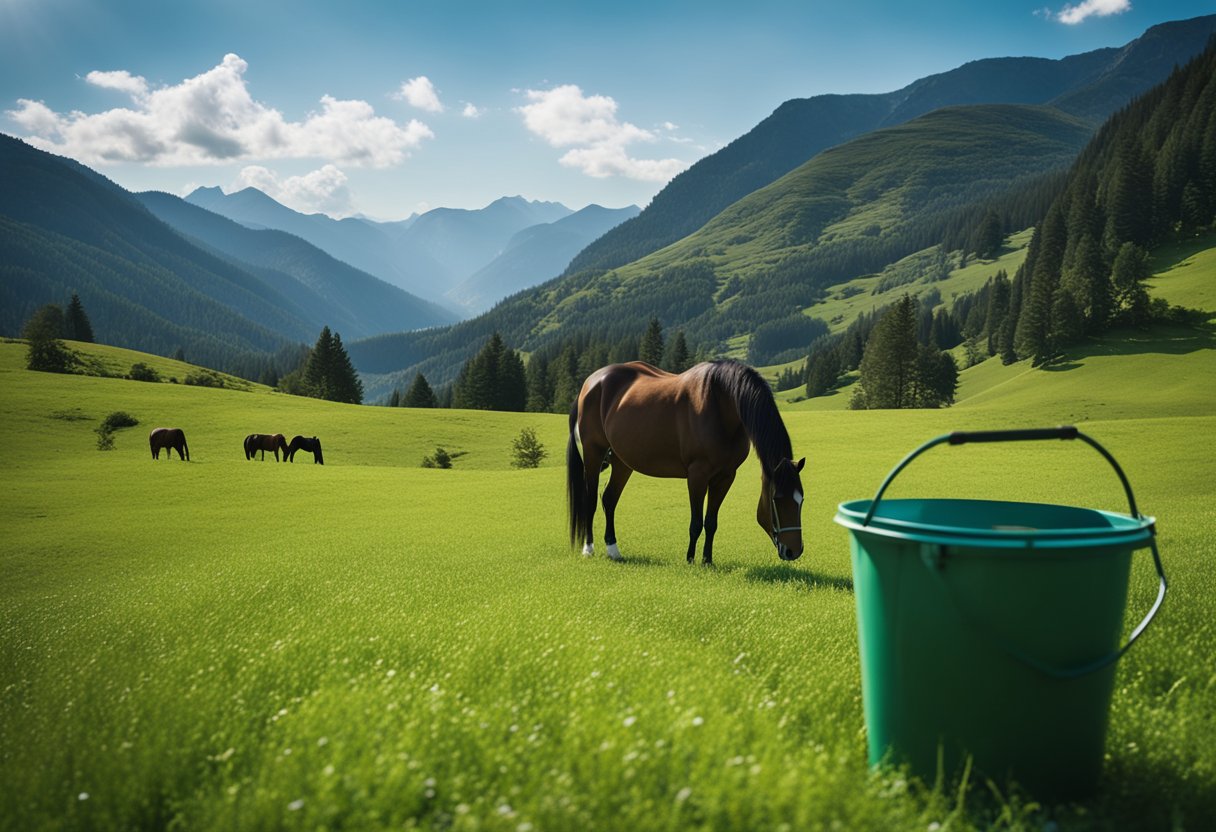 A horse grazing in a lush, green pasture surrounded by mountains, with a clear blue sky above. A bucket of high-quality feed and fresh water nearby
