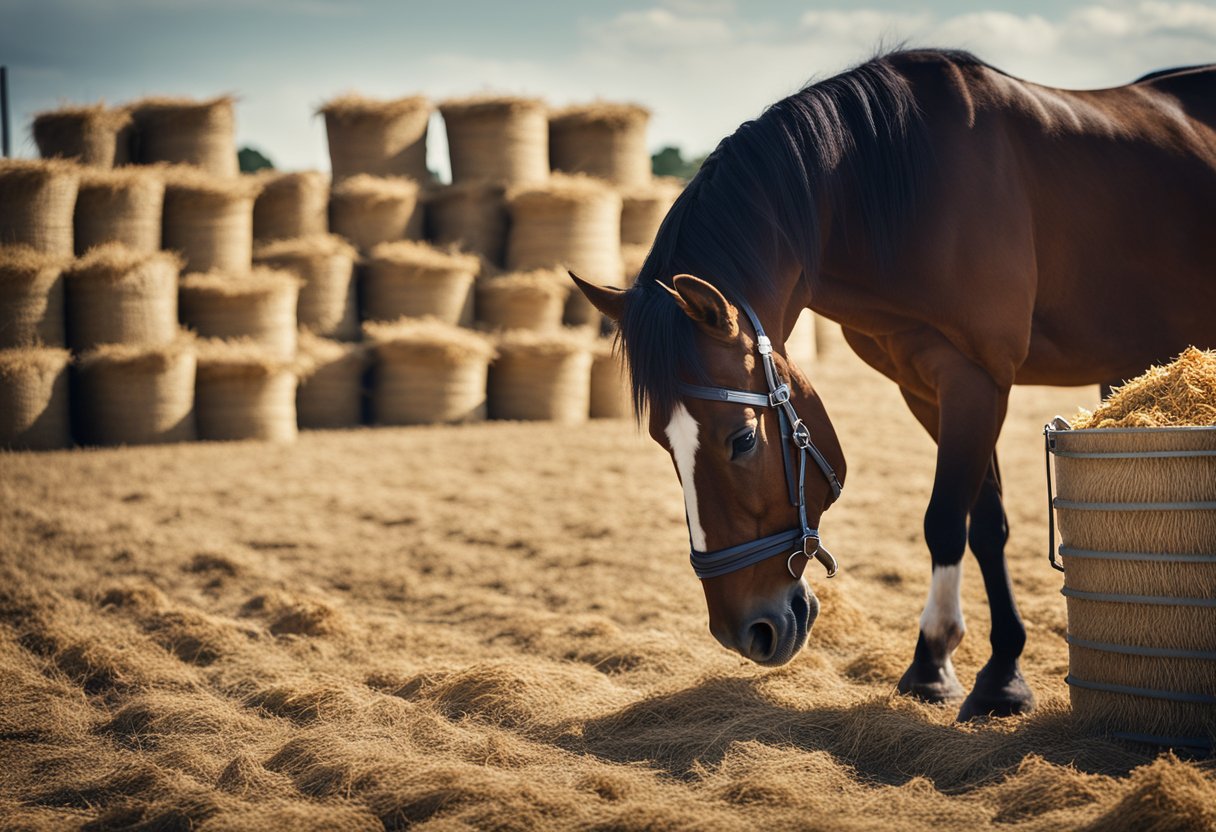 A horse eating from a feed bucket, surrounded by bales of hay and bags of horse feed. The title "The Power of Proper Nutrition: How Your Horse's Diet Affects Their Performance and Well-being" is prominently displayed