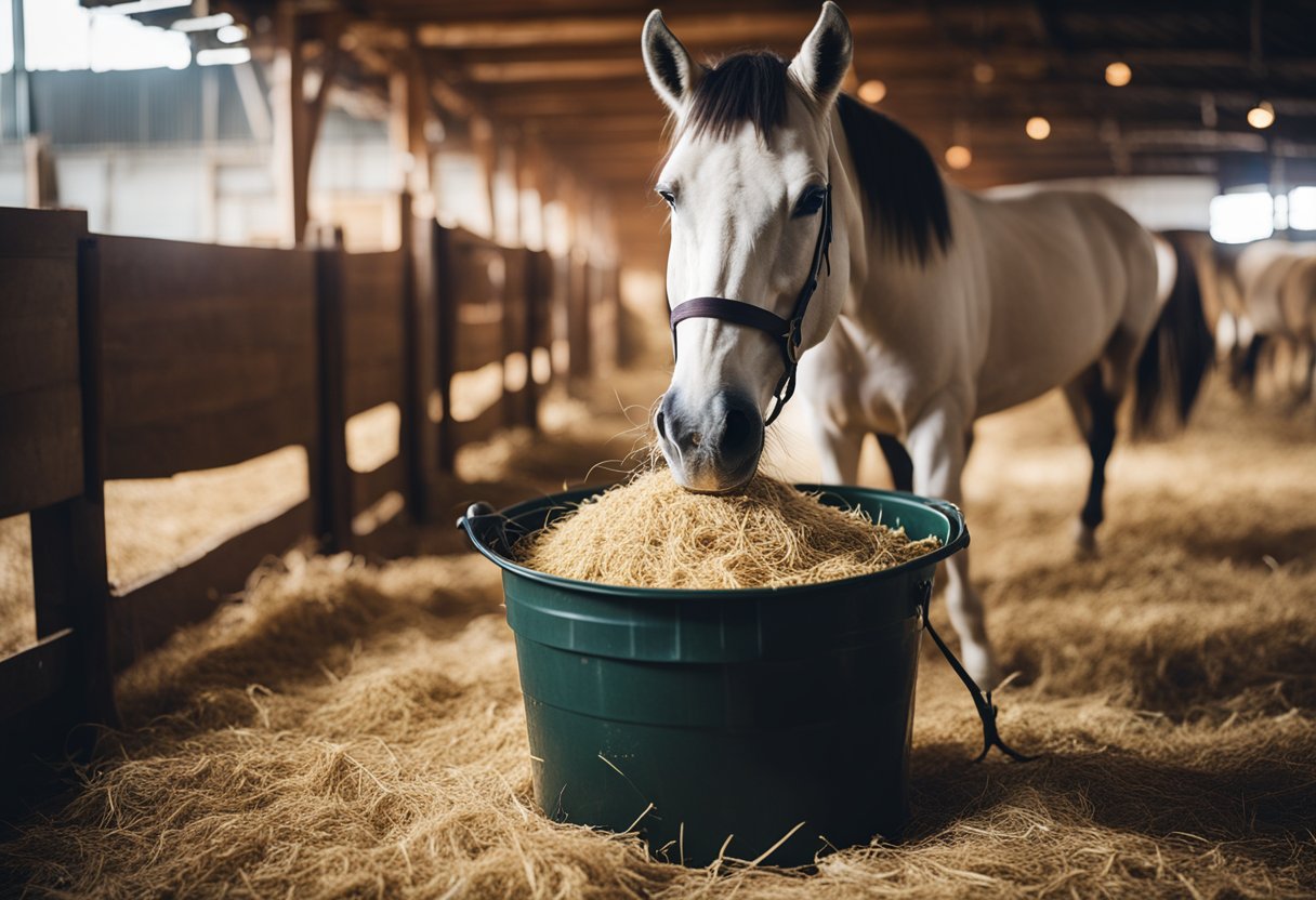 A horse eating from a clean, full feed bucket in a spacious, well-lit stable. Hay and water are also available