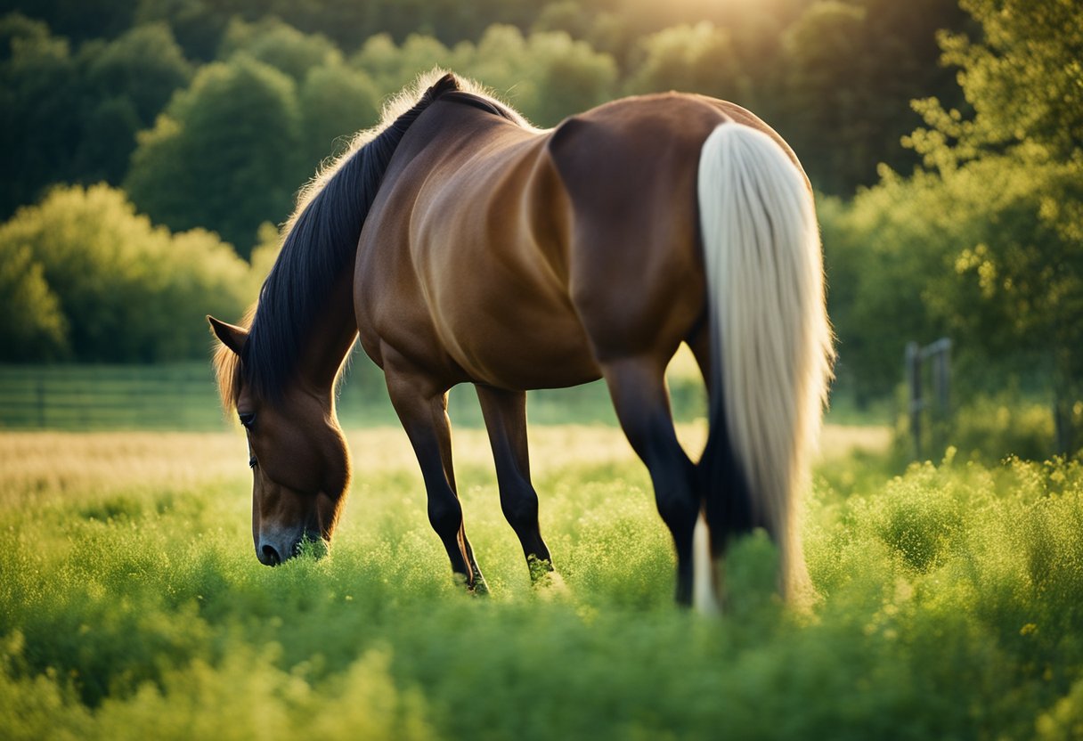 A horse grazing in a lush, green pasture, surrounded by a variety of fresh, healthy foods such as hay, grains, and vegetables. The sun is shining, and the horse looks strong and vibrant