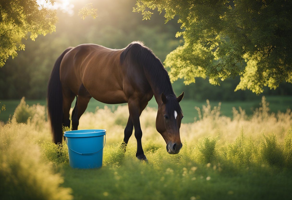 A horse grazing in a lush pasture, surrounded by changing seasonal vegetation, with a bucket of balanced feed nearby
