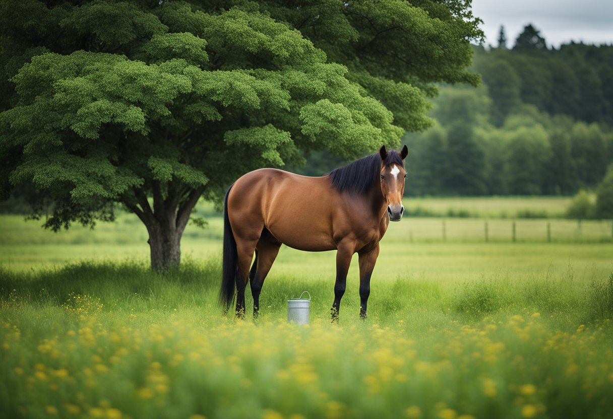 A horse grazing in a lush pasture, surrounded by a variety of seasonal vegetation. A bucket of balanced feed nearby, representing the importance of year-round nutrition for equine health