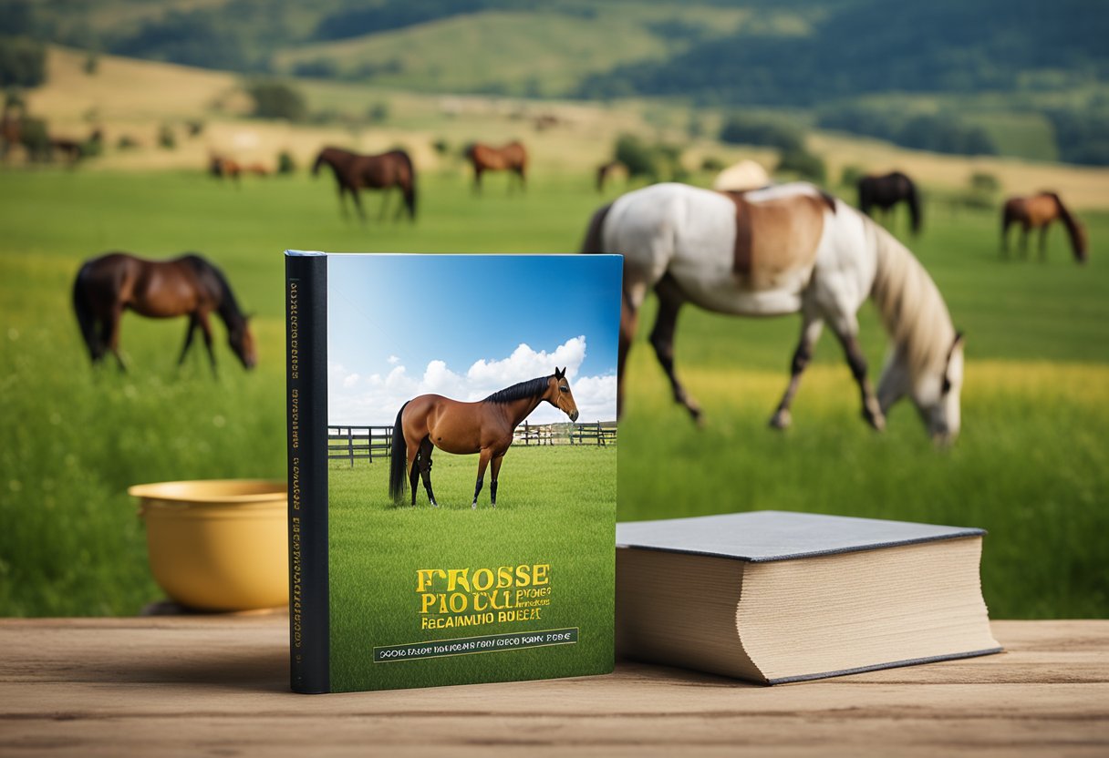 Horse feeding guide book cover: "From pasture to bucket: Balancing horse's diet through all seasons" - focus on a bucket of feed, with a pasture in the background