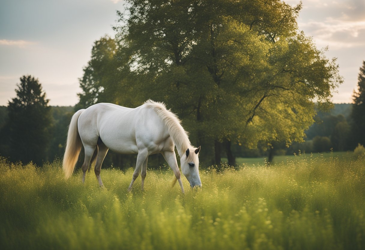 A horse grazing in a lush pasture, surrounded by changing seasons and various types of forage
