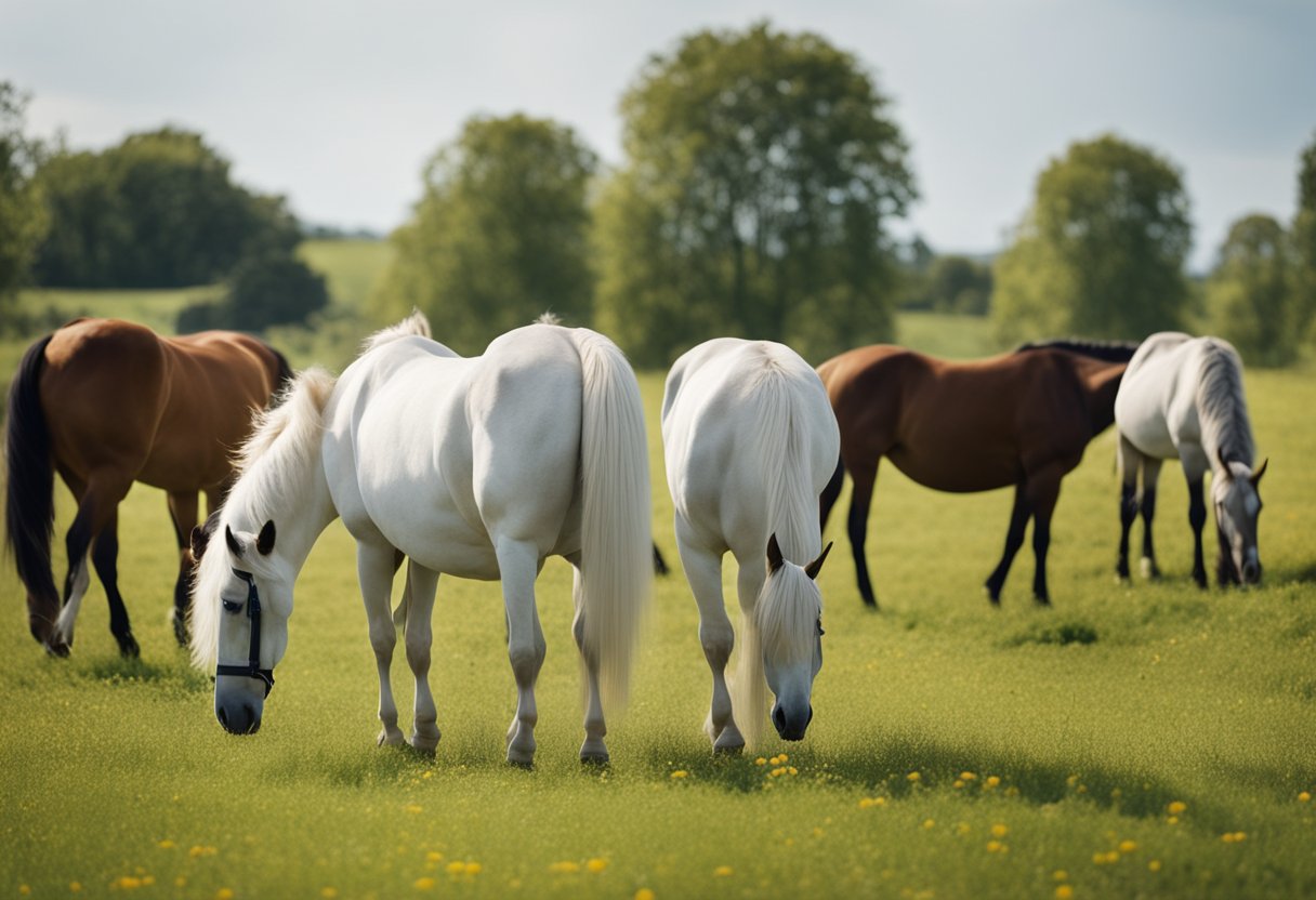 A group of horses of different ages and activity levels grazing in a field, with a variety of specialized feed and supplements nearby