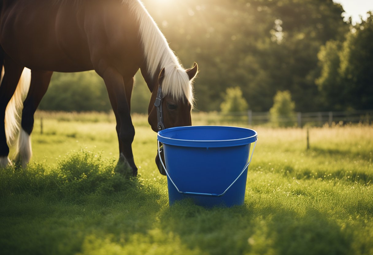 A horse grazing in a lush, green pasture with a bucket of feed nearby. The sun is shining, and the horse looks healthy and content