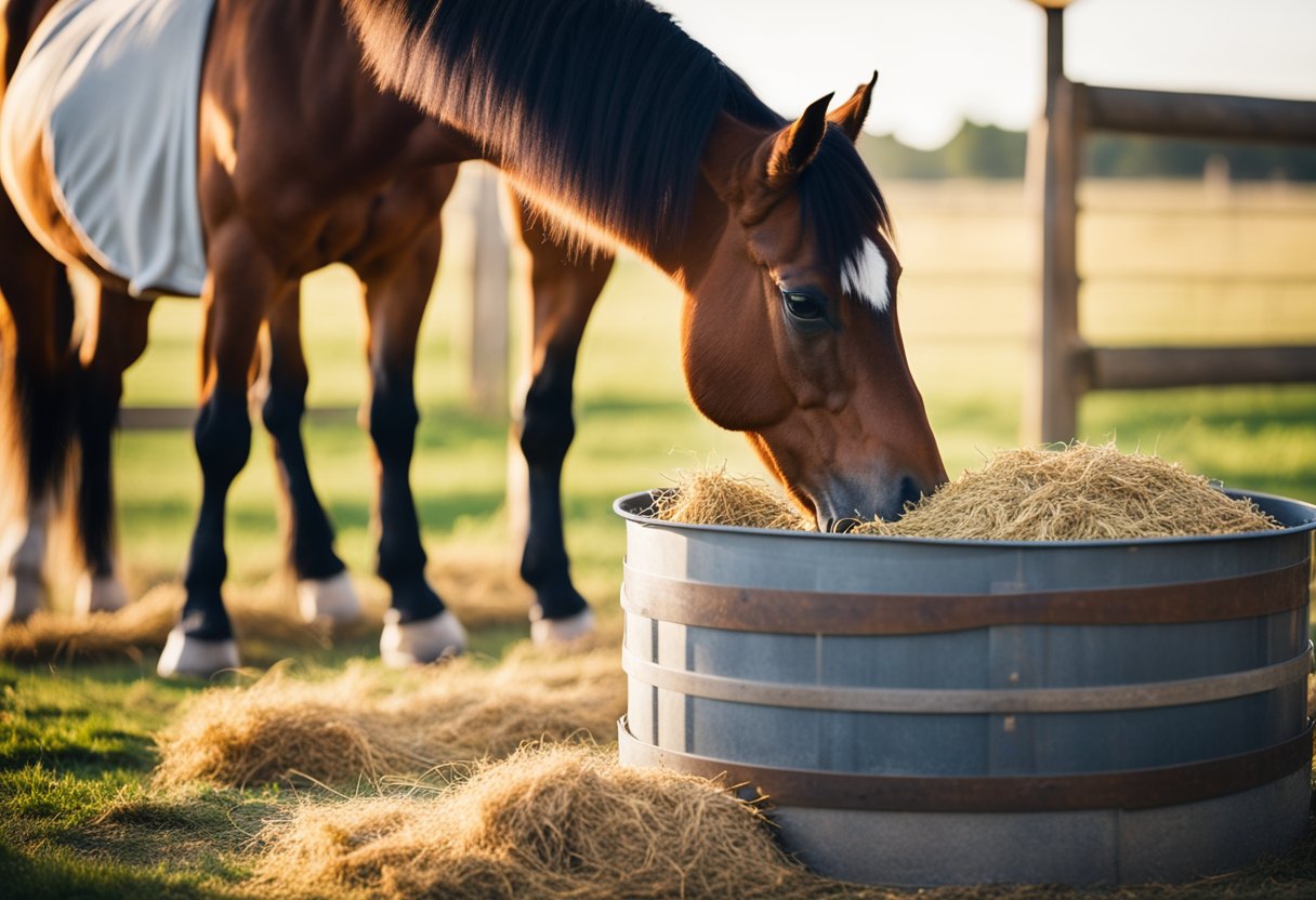 A horse eating from a clean, well-stocked feeding trough with a bale of hay and a bucket of water nearby