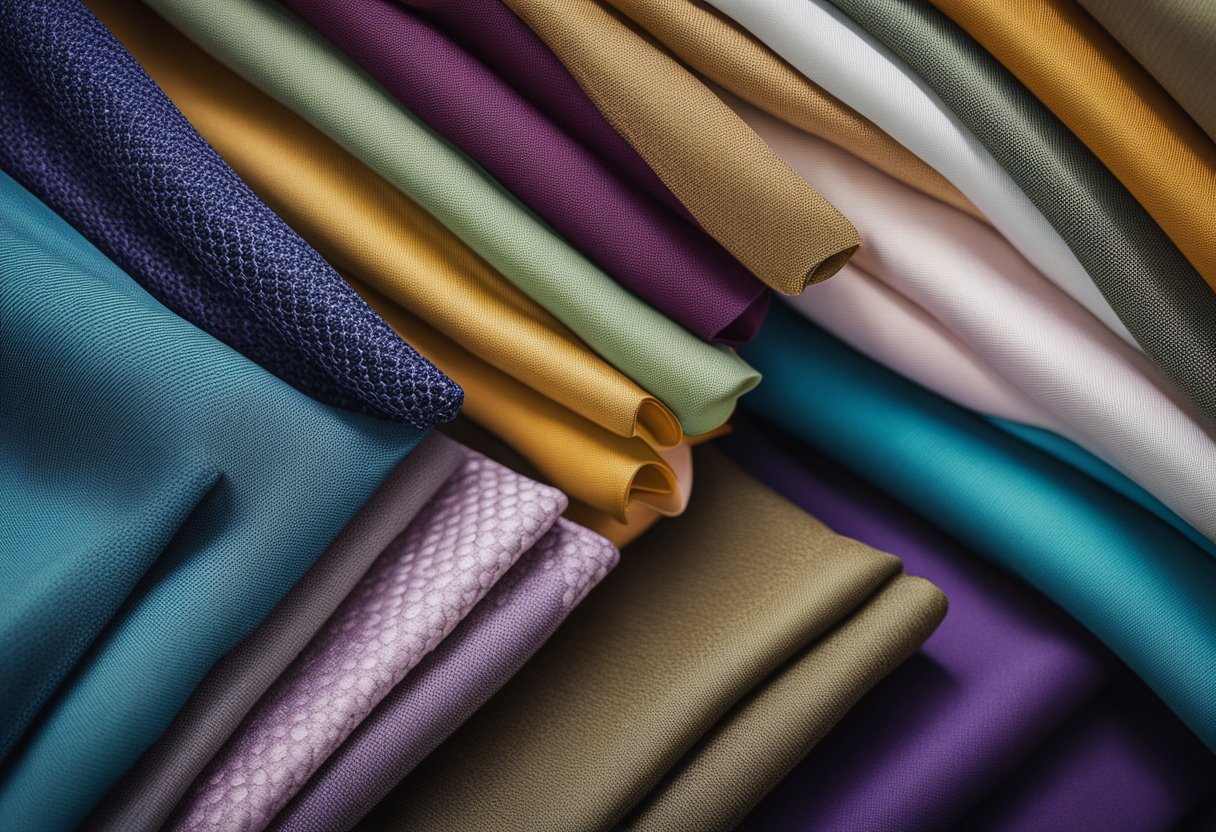 Different types of rayon fabric hang on a display, showcasing their unique properties through their texture, drape, and sheen