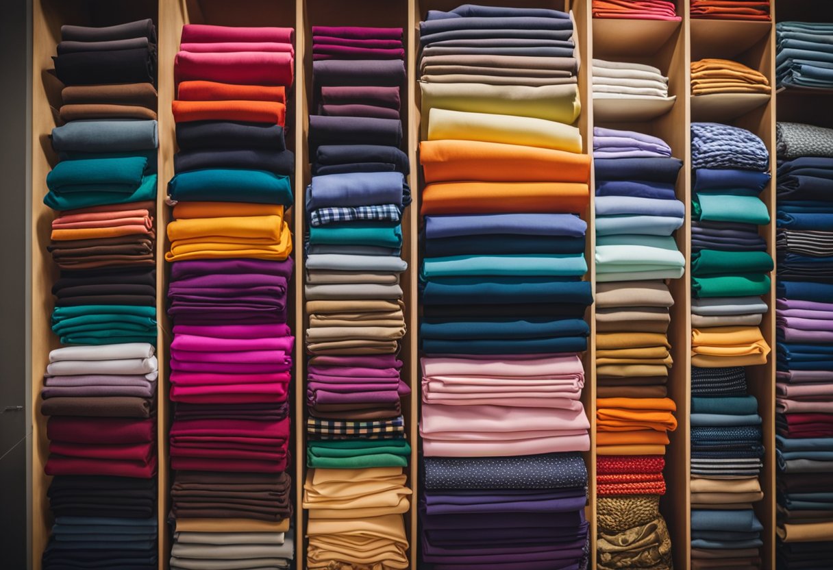 A vibrant array of rayon fabrics in various colors and patterns, neatly arranged on a display table in a fashion and design studio