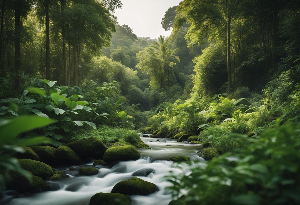 A lush forest with a clear stream, surrounded by diverse plant life. 