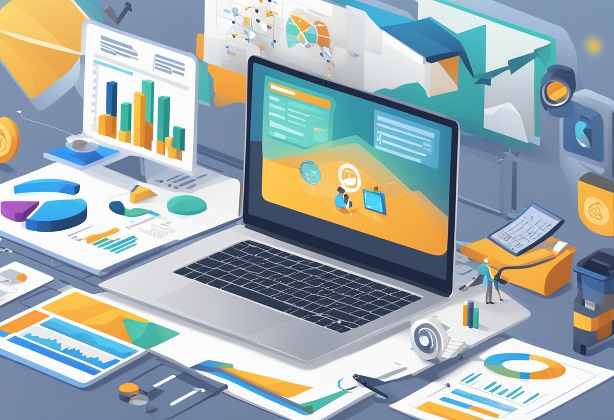 A laptop displaying a website with "Maximizing Lead Conversion" and "foundation repair digital marketing agency lead generation" on the screen, surrounded by various marketing materials and analytics charts
