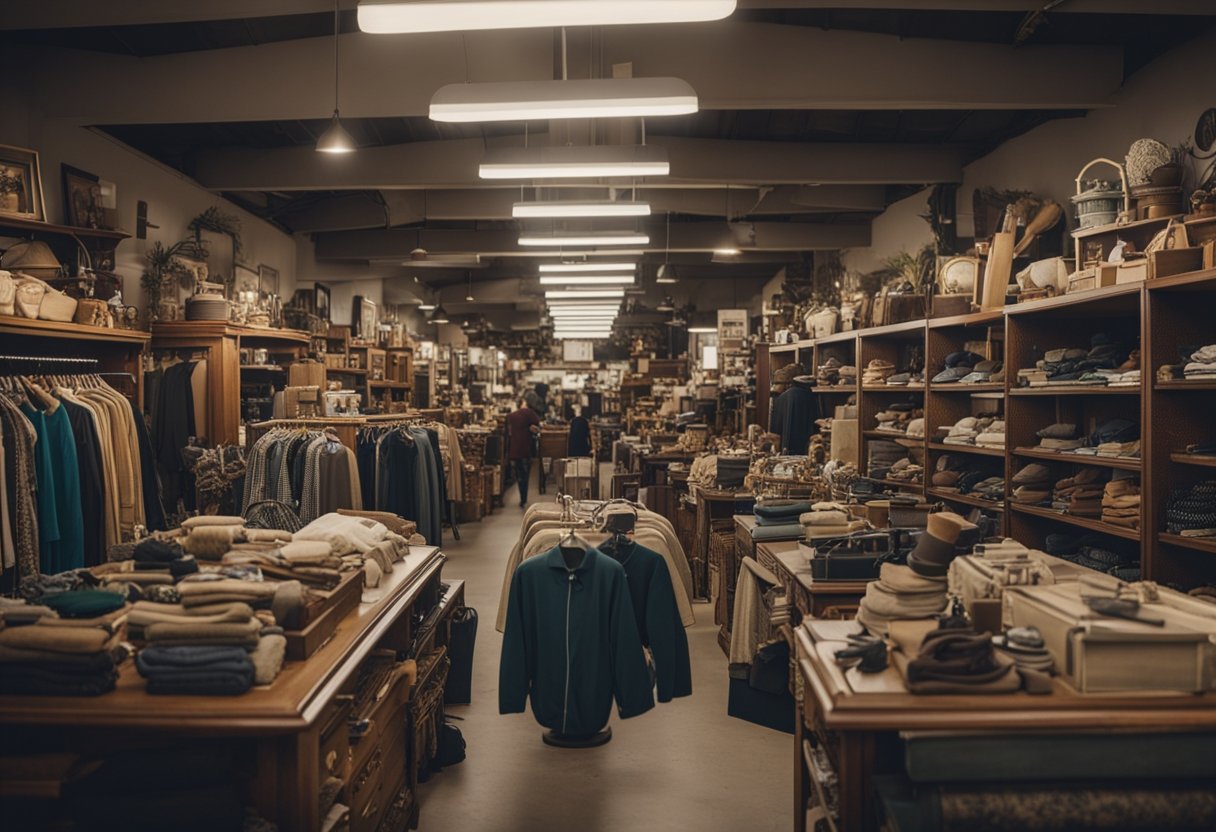 A cluttered thrift store with racks of clothes, shelves of knick-knacks, and tables of vintage items. Shoppers browse through the eclectic selection, searching for unique treasures