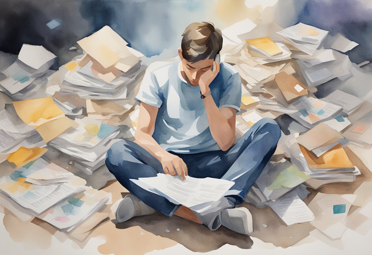A person sits alone, head in hands, surrounded by scattered papers and a phone with unanswered messages