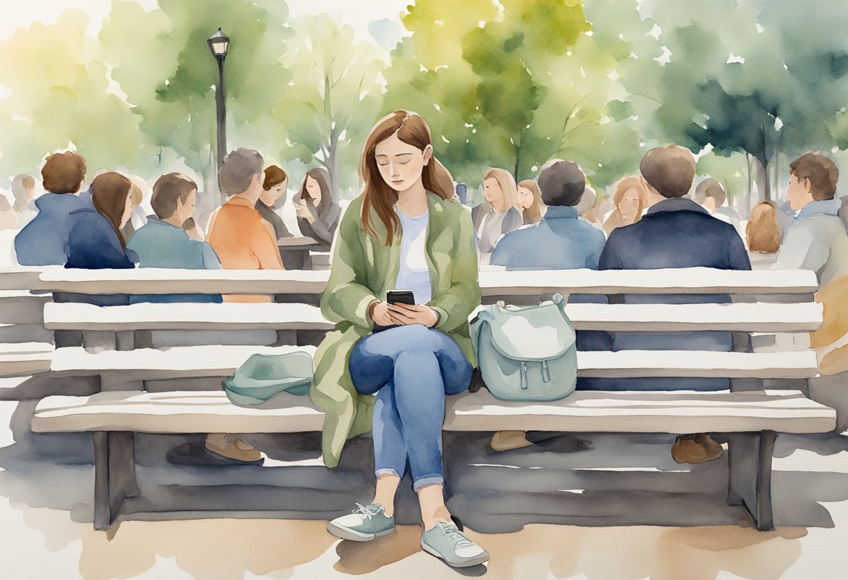 A woman sits alone on a crowded park bench, surrounded by people, yet feeling isolated and smothered. She looks at her phone, wondering why her boyfriend is being distant