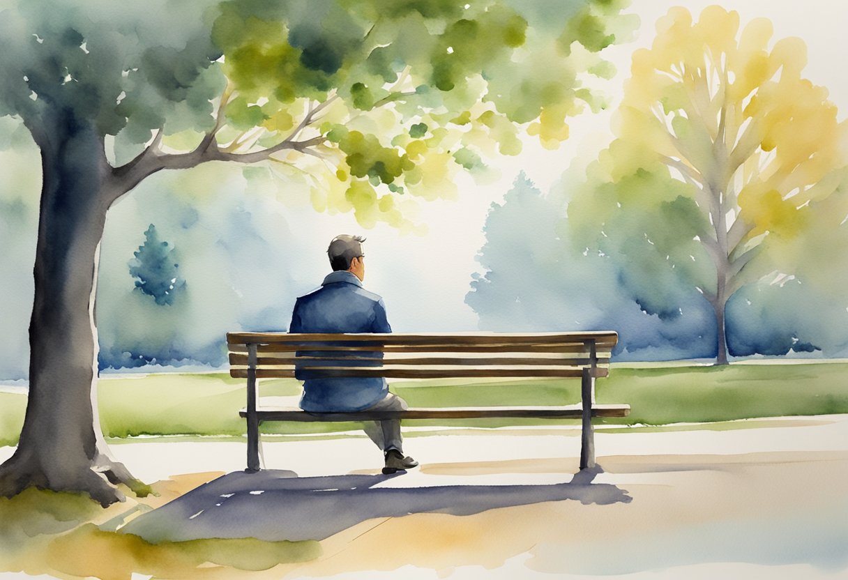 A man sits alone on a park bench, gazing into the distance with a pensive expression. The open space around him reflects his need for solitude