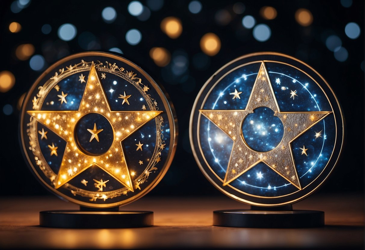 Two star signs, represented by their symbols, sit across from each other at a table, surrounded by celestial elements and a glowing aura of compatibility
