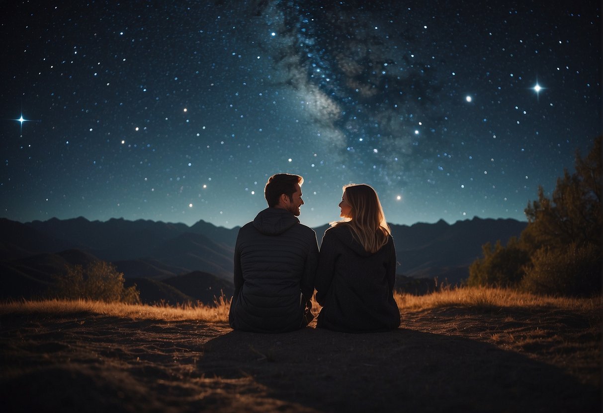 A couple sits under a starry sky, surrounded by zodiac symbols. They hold hands and smile, feeling a strong cosmic connection
