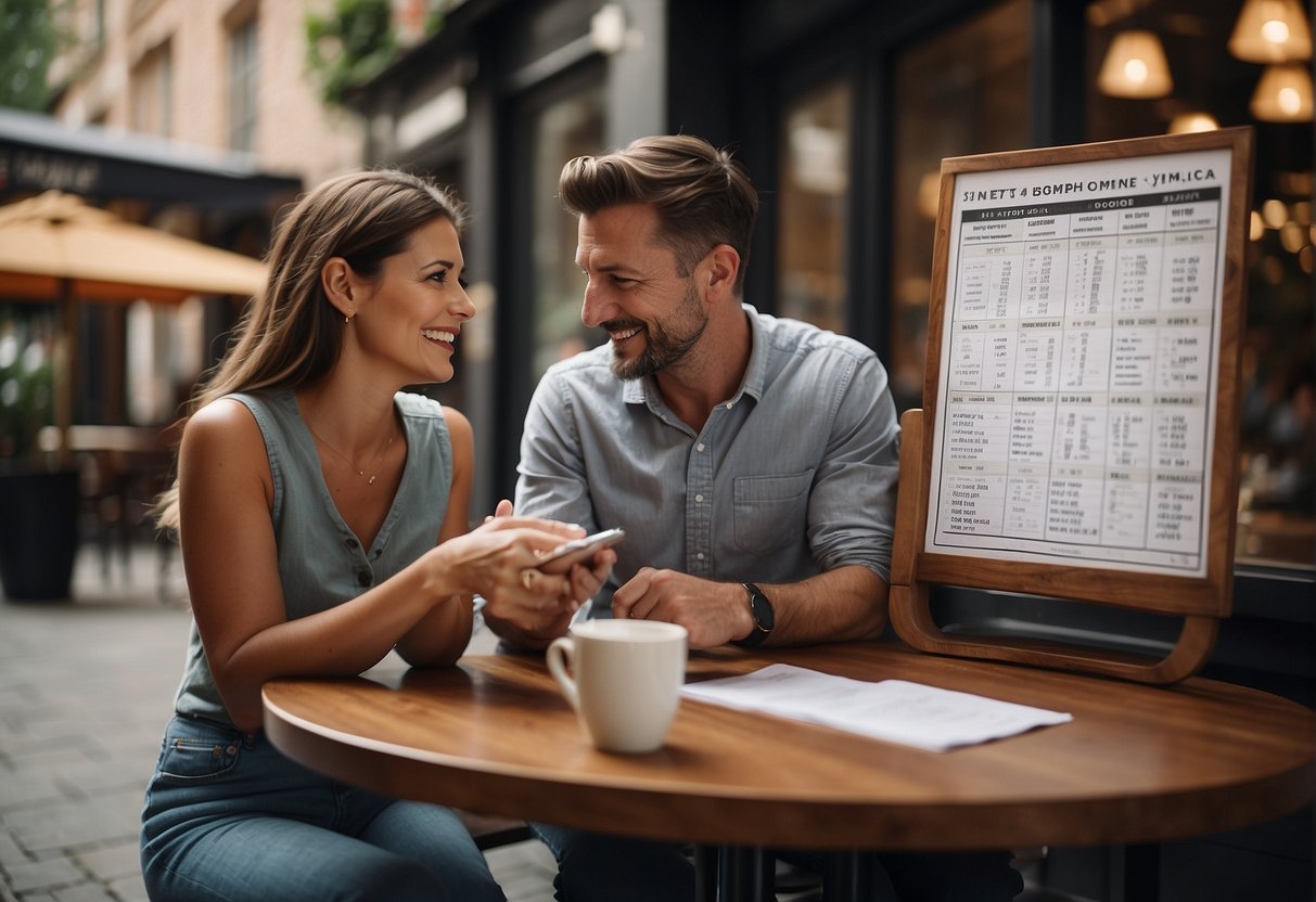 A couple sits at a cafe, comparing their birth charts. The woman points to her phone, excitedly discussing their compatibility based on astrological signs