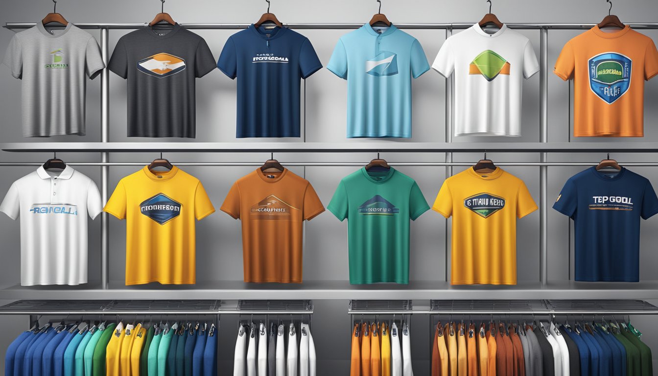 A colorful display of top golf brand t-shirts arranged on a clean, modern display rack