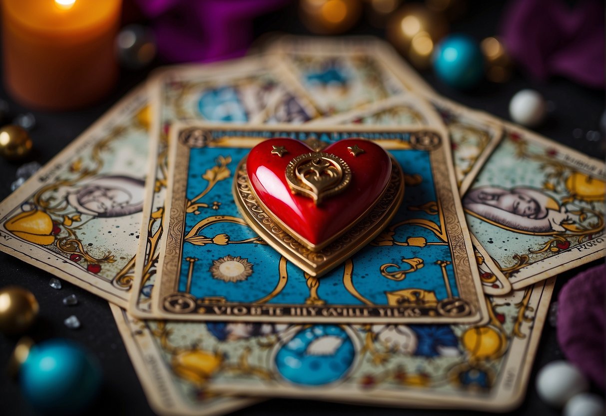 A heart-shaped tarot card surrounded by astrological symbols