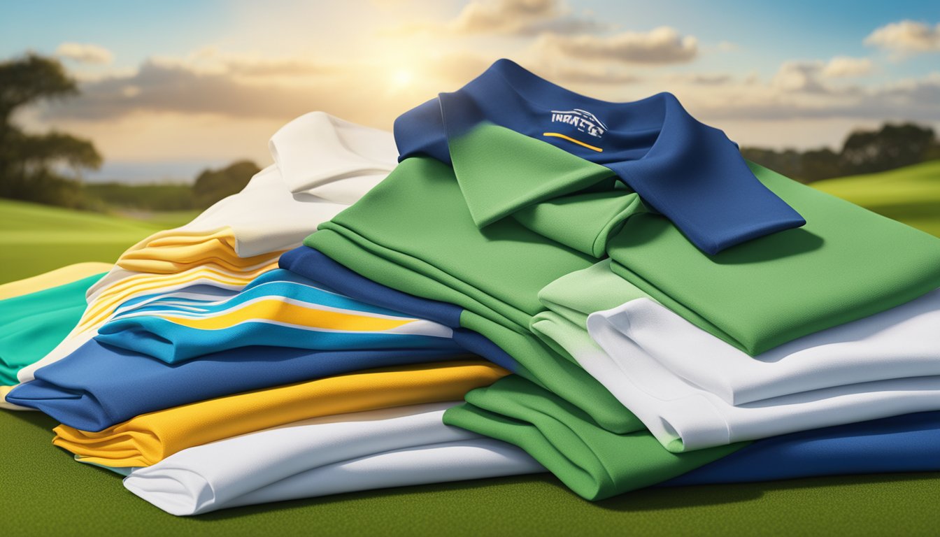 A golf brand t-shirt displayed on a neatly folded stack, with a background of lush green fairways and blue skies