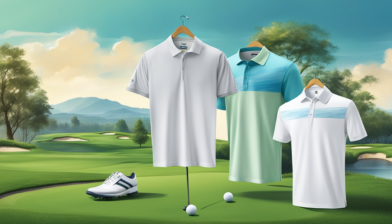 Golf brand t-shirts displayed on a golf course with green grass and blue skies