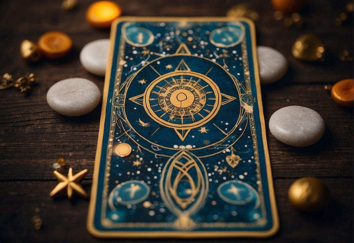 A tarot card with astrological symbols, surrounded by celestial elements and symbols of love potential