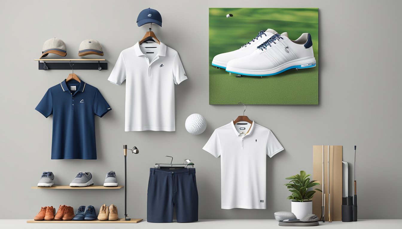 A golf brand t-shirt displayed in a stylish, modern setting with golf clubs and accessories in the background