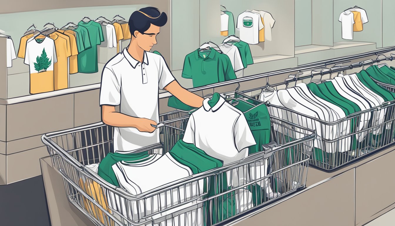 A hand selects and folds golf brand t-shirts, placing them in a shopping basket. Another hand holds a care label with washing instructions