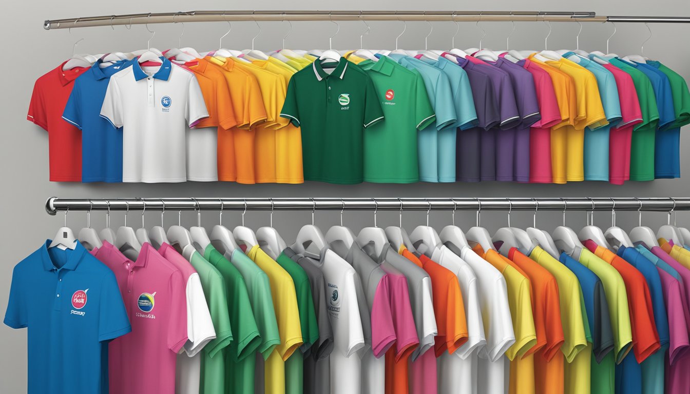 A display of colorful golf brand t-shirts with "Frequently Asked Questions" printed on them