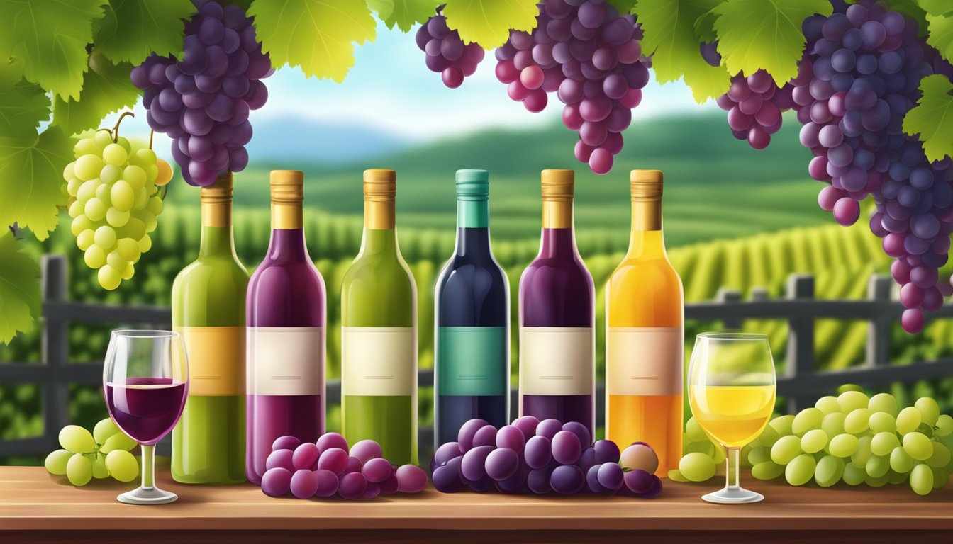 A variety of grape juice bottles arranged on a colorful display stand, surrounded by lush vineyards and ripe grapes