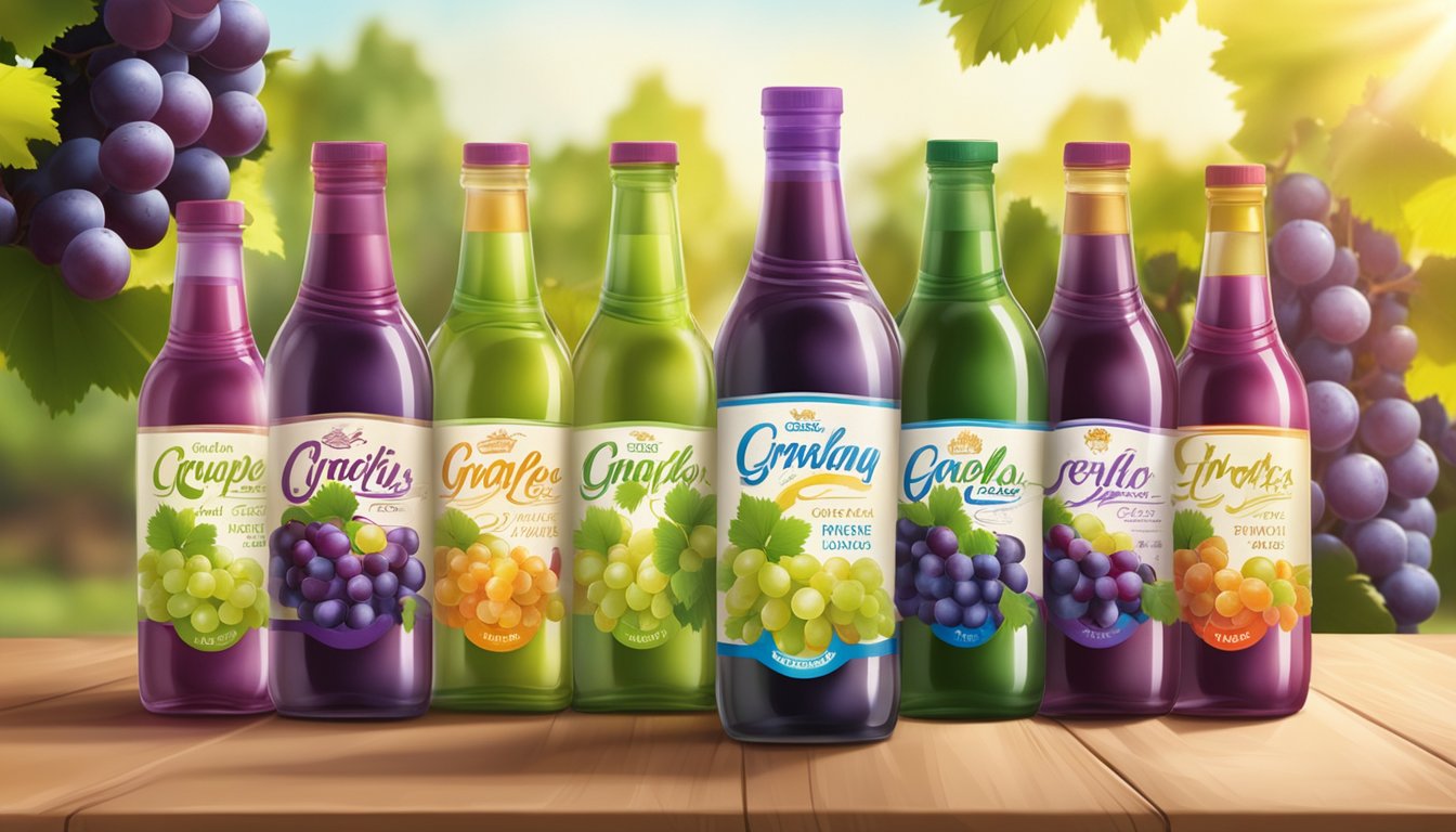 A table displays various grape juice bottles. Labels show different brands and flavors. Sunlight illuminates the colorful array