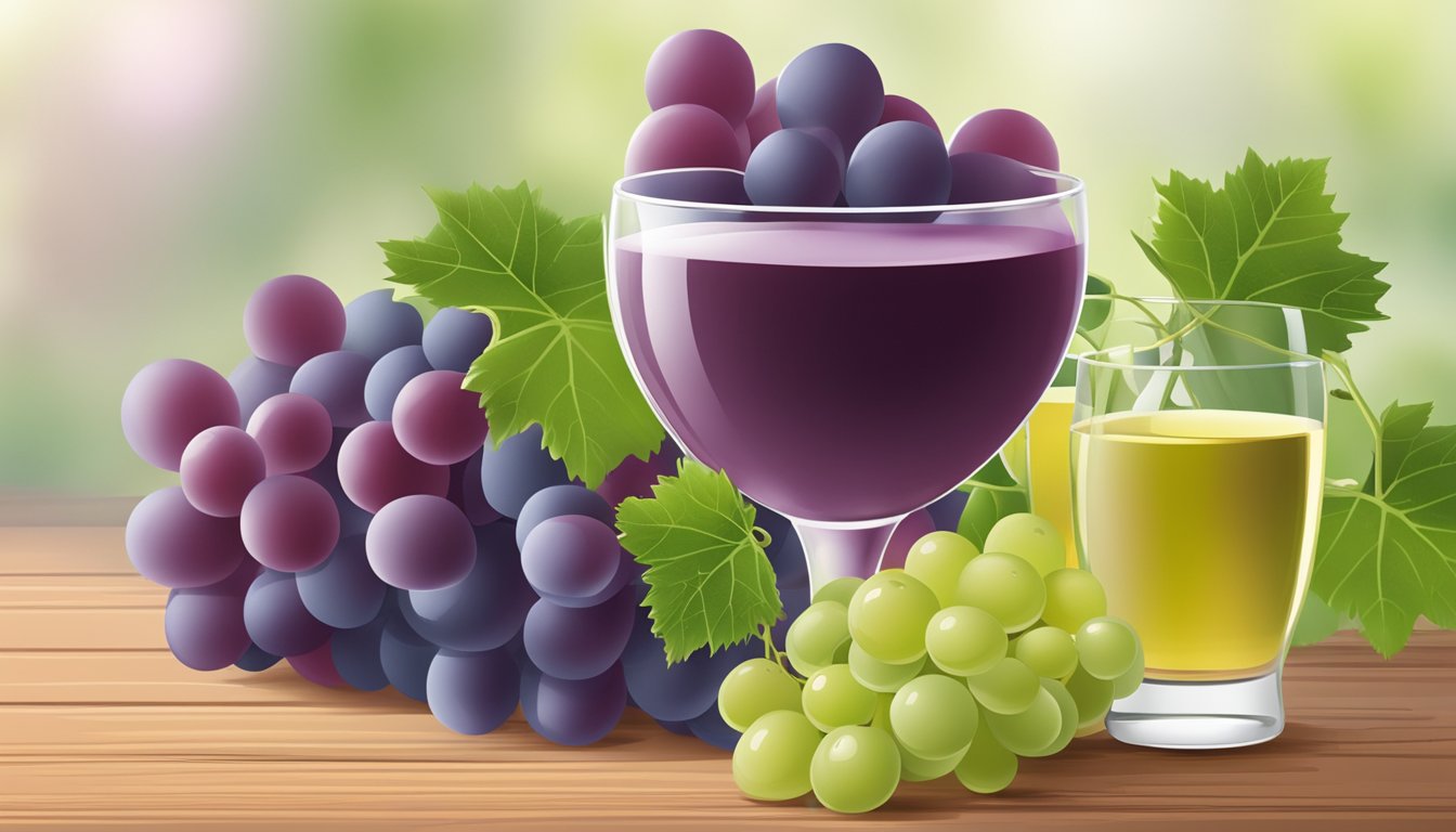 A glass of grape juice surrounded by fresh grapes and a vine, with a label highlighting its health and nutritional benefits
