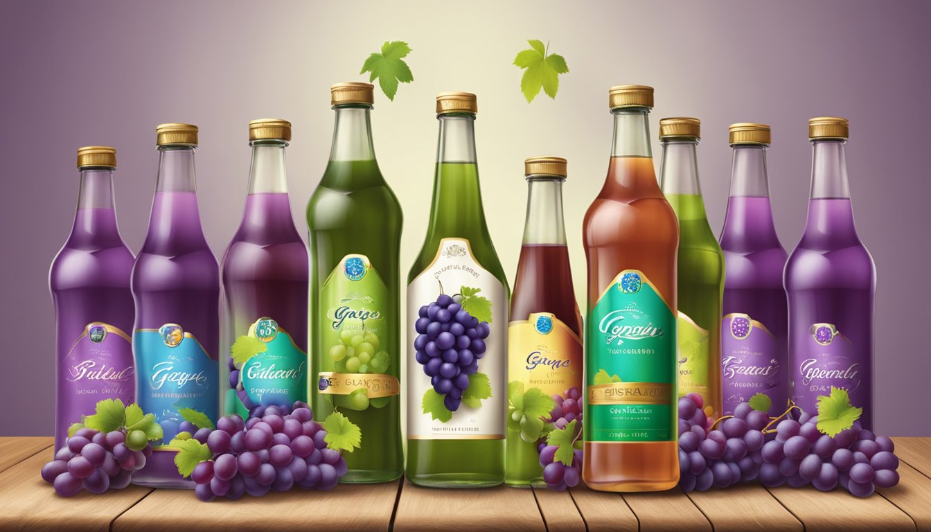 A table with various grape juice bottles, each displaying a different top grape juice brand logo