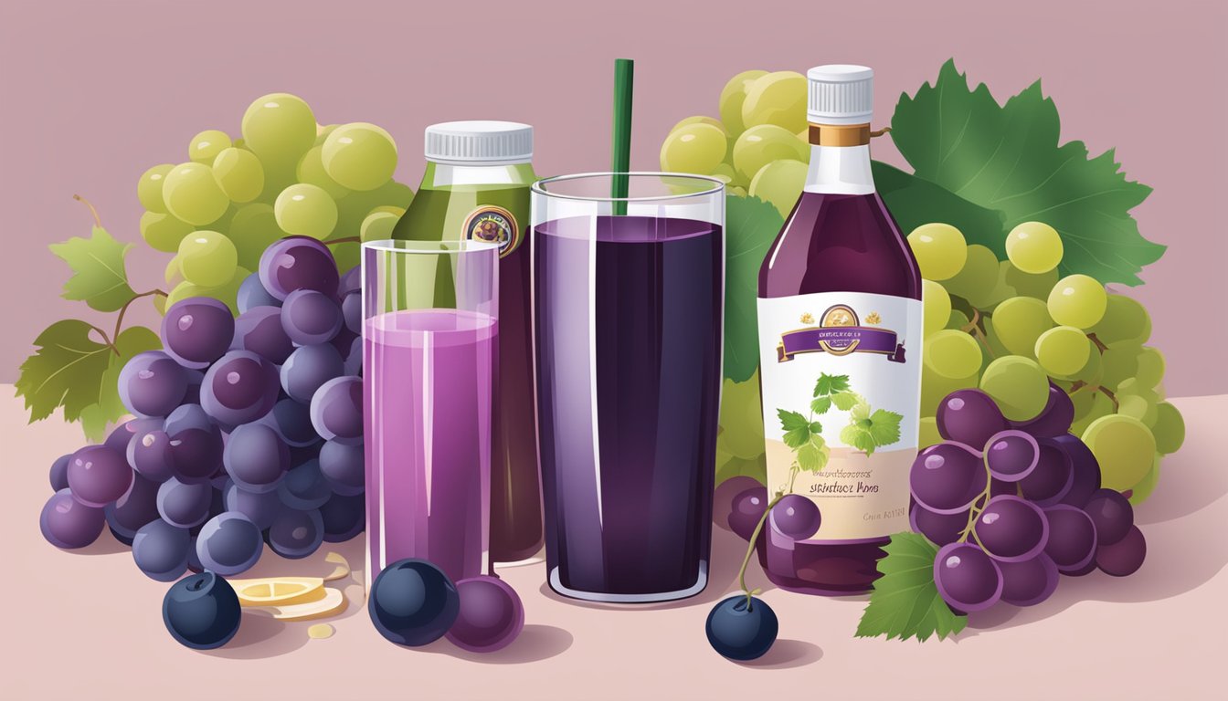 A glass of grape juice sits on a table surrounded by various grape juice brands and culinary ingredients