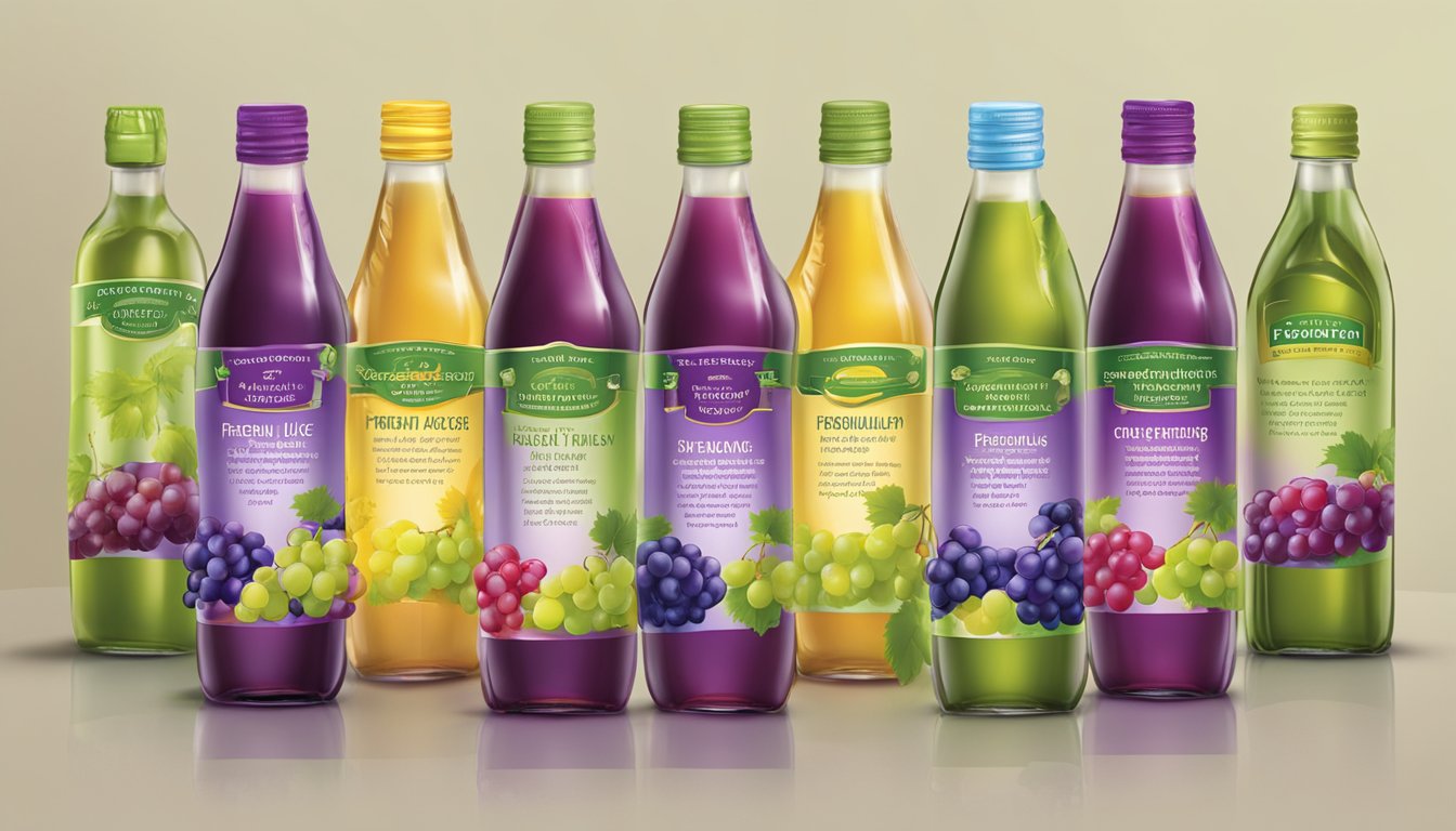 A colorful display of grape juice bottles with "Frequently Asked Questions" labels. Bright, inviting packaging and various flavors showcased