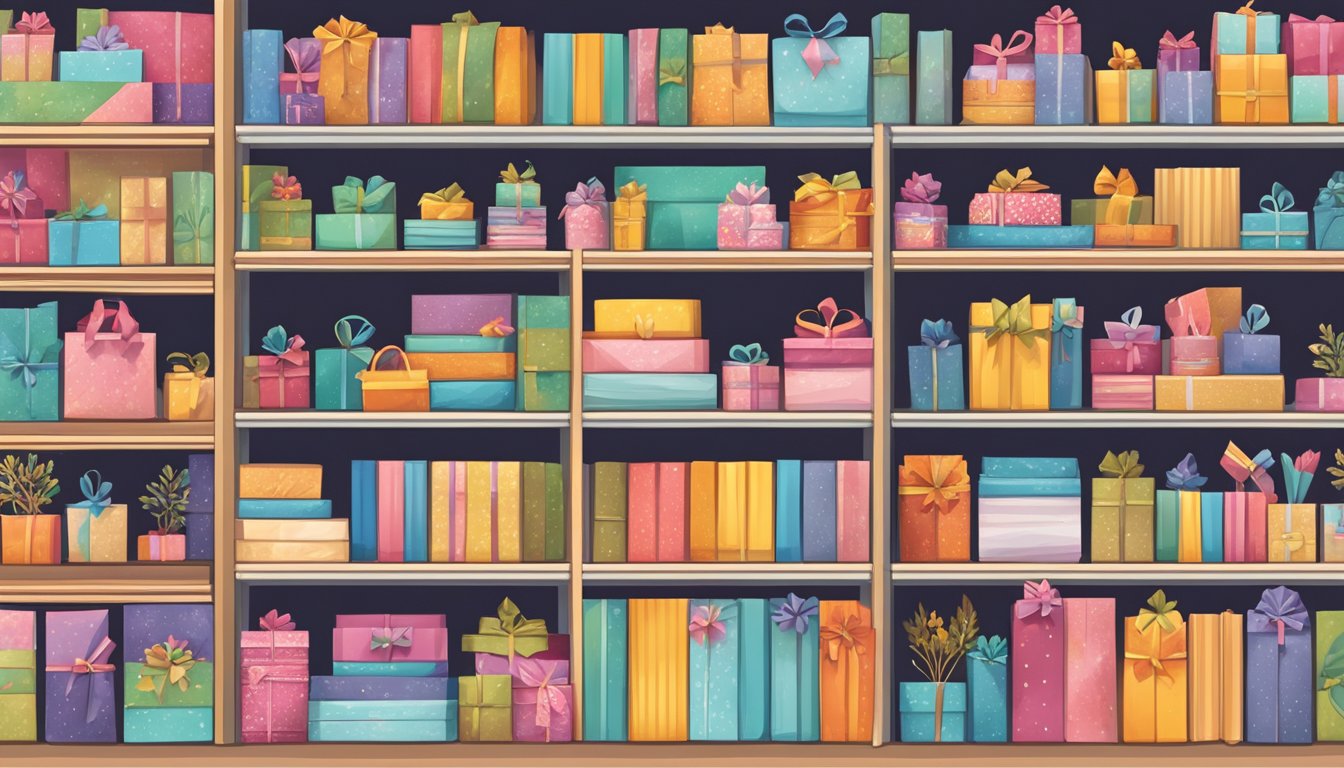 A colorful display of greeting card brands arranged on shelves, with various designs and themes, surrounded by festive decorations