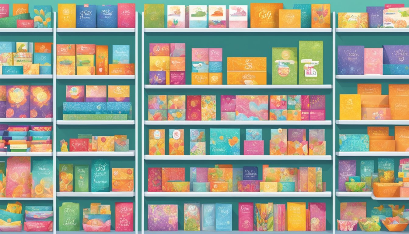 Colorful greeting card brands displayed on shelves, with eye-catching designs and cheerful messages. Bright, inviting store environment with top players prominently showcased