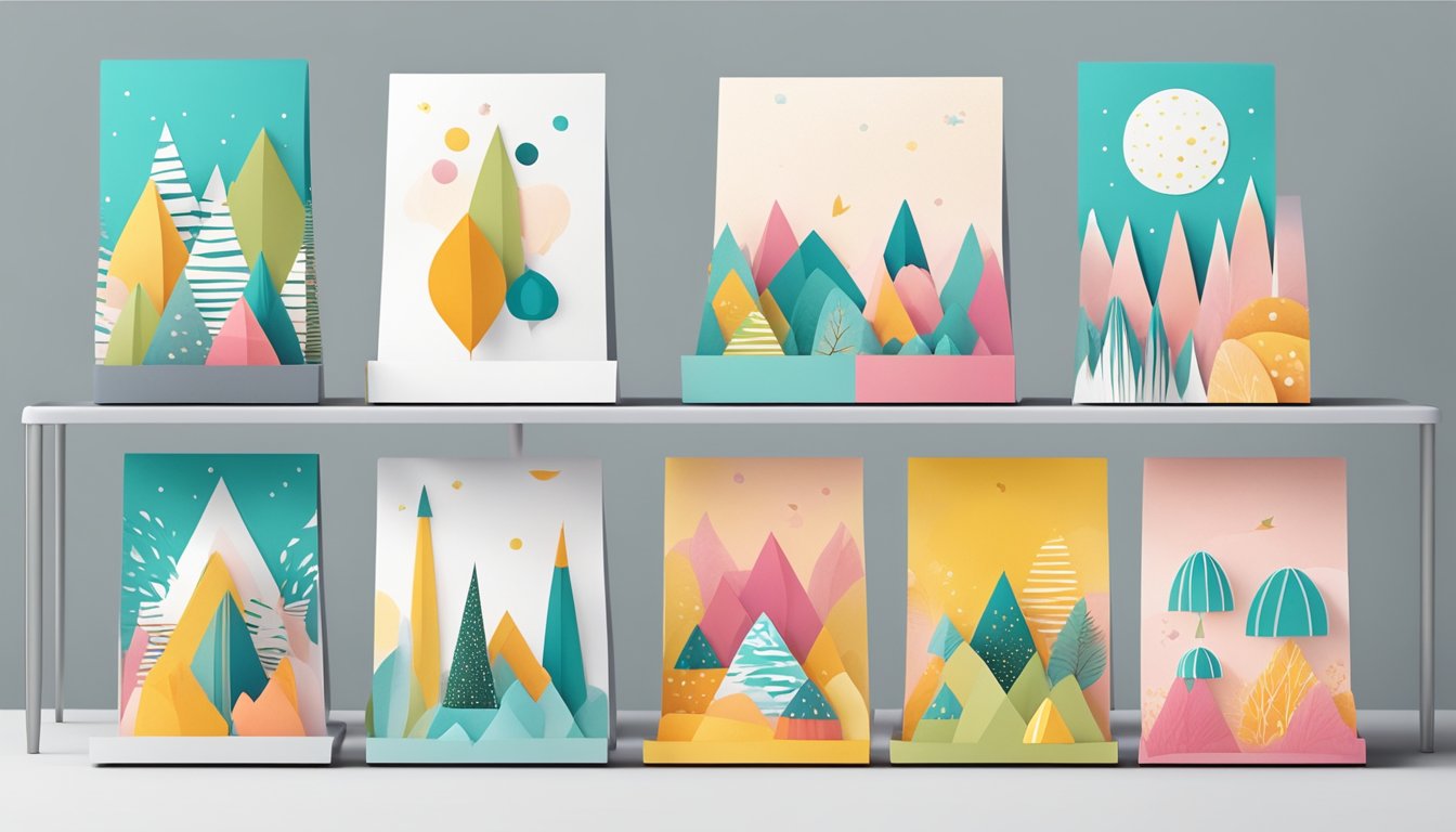 A colorful array of modern greeting cards with innovative designs and patterns displayed on a sleek, minimalist display stand