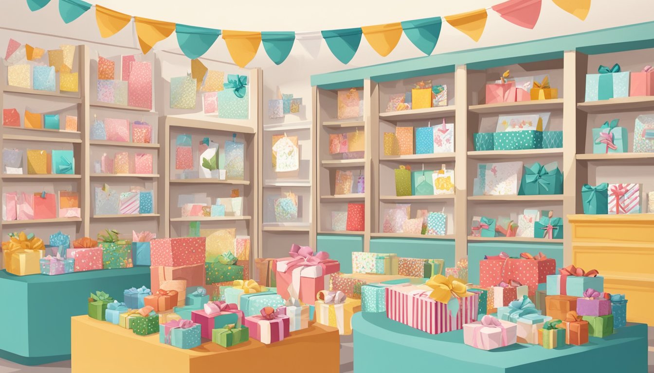 Colorful greeting cards displayed in a gift shop, with various designs and messages, surrounded by festive decorations and gift-wrapping supplies